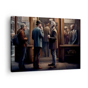 Obraz na plátně - Pouliční scéna s lidmi před retro kavárnou - 70x50cm - Dobrá chvíle dne - Moderní nástěnná dekorace do obývacího pokoje a ložnice ARTTOR