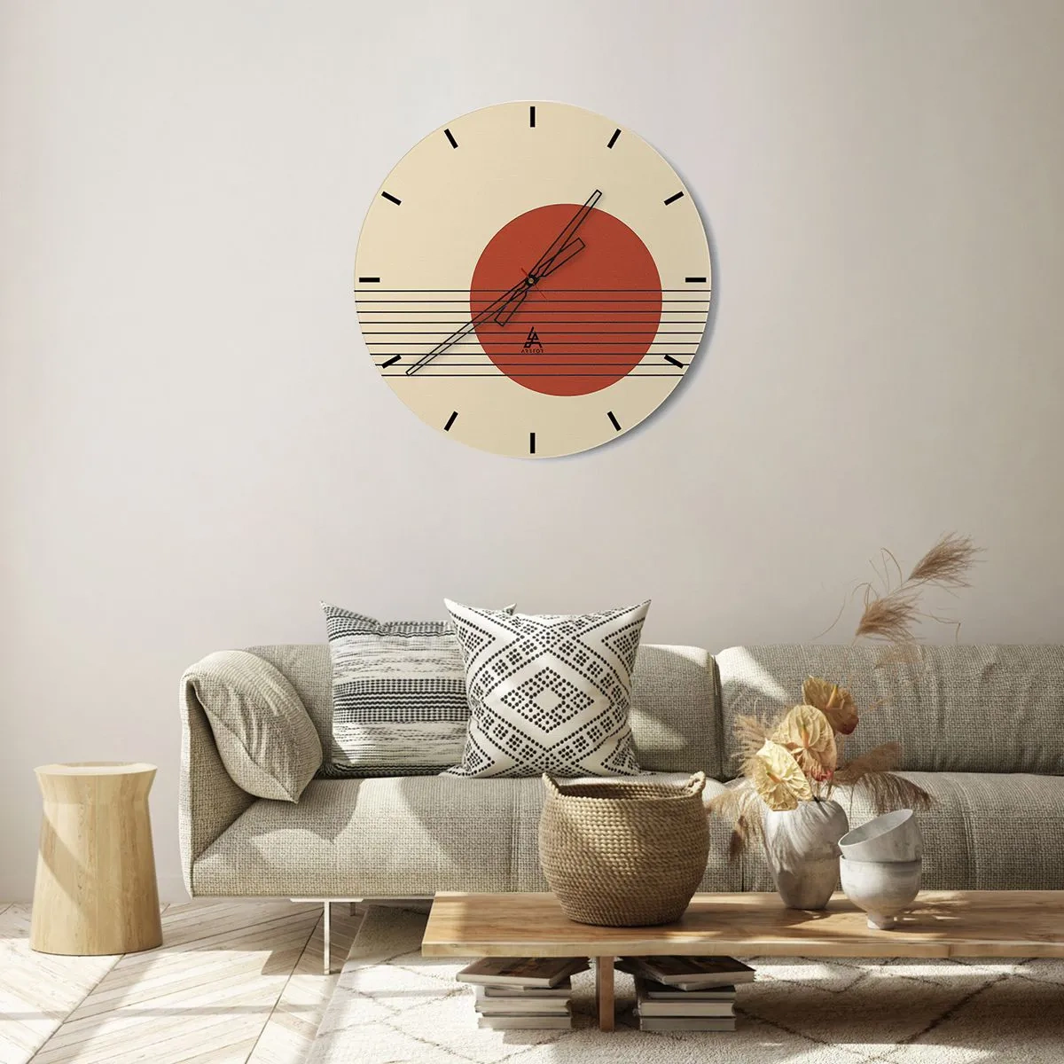 Nástěnné hodiny - Geometrický motiv s oranžovým kruhem a černými čarami - 30x30cm - Pořád dokola - Moderní nástěnná dekorace do obývacího pokoje, kuchyně a ložnice ARTTOR