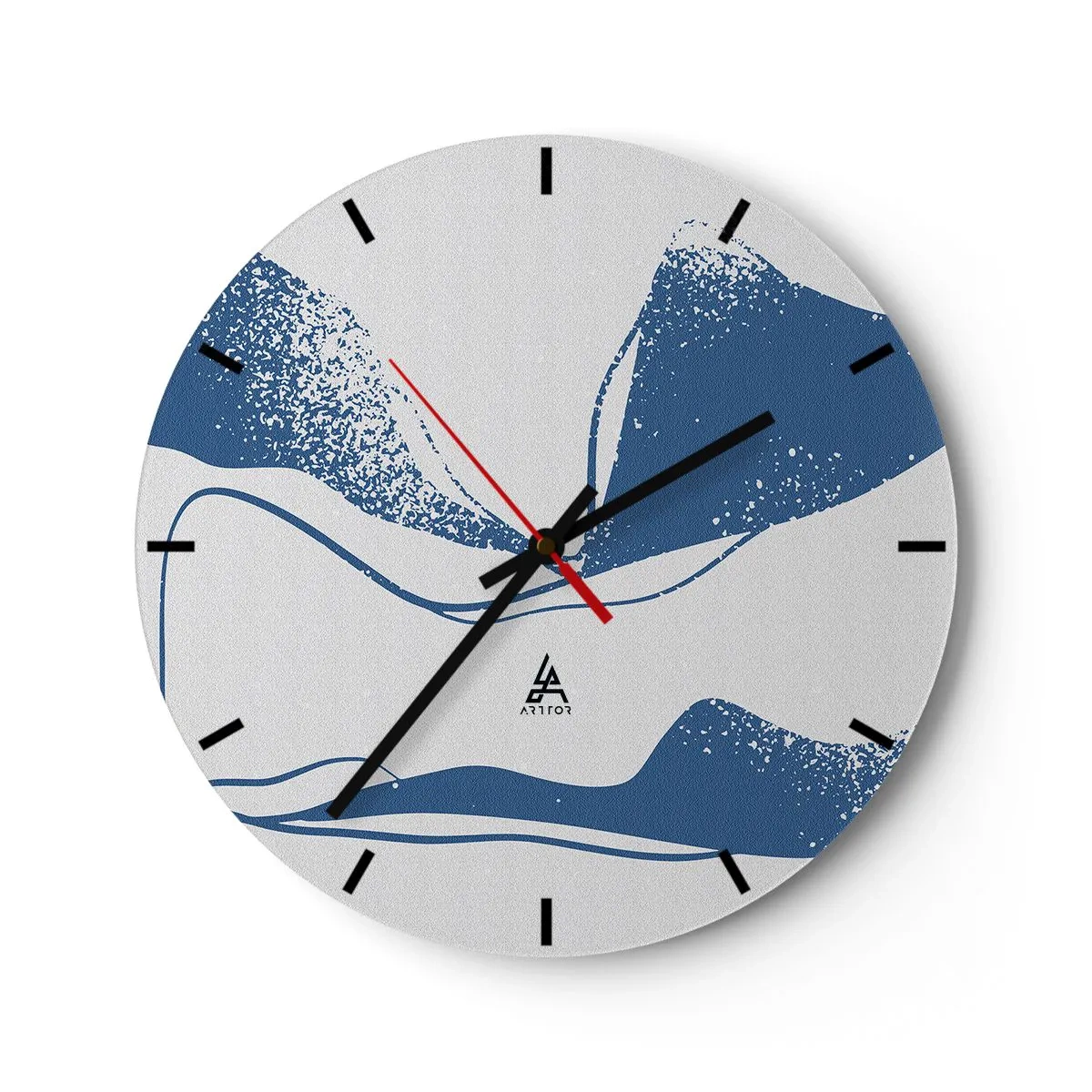 Nástěnné hodiny - Grafická abstrakce s modrými křídly na bílém pozadí - 30x30cm - Okřídlená abstrakce - Moderní nástěnná dekorace do obývacího pokoje, kuchyně a ložnice ARTTOR