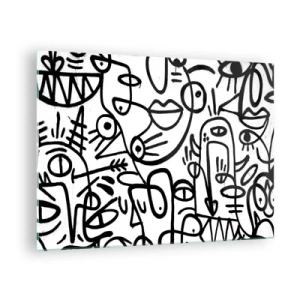 Obraz na skle - Černobílá abstrakce s očima, obličeji a čarami - 70x50cm - Tváře a přeludy - Moderní nástěnná dekorace do obývacího pokoje a ložnice ARTTOR