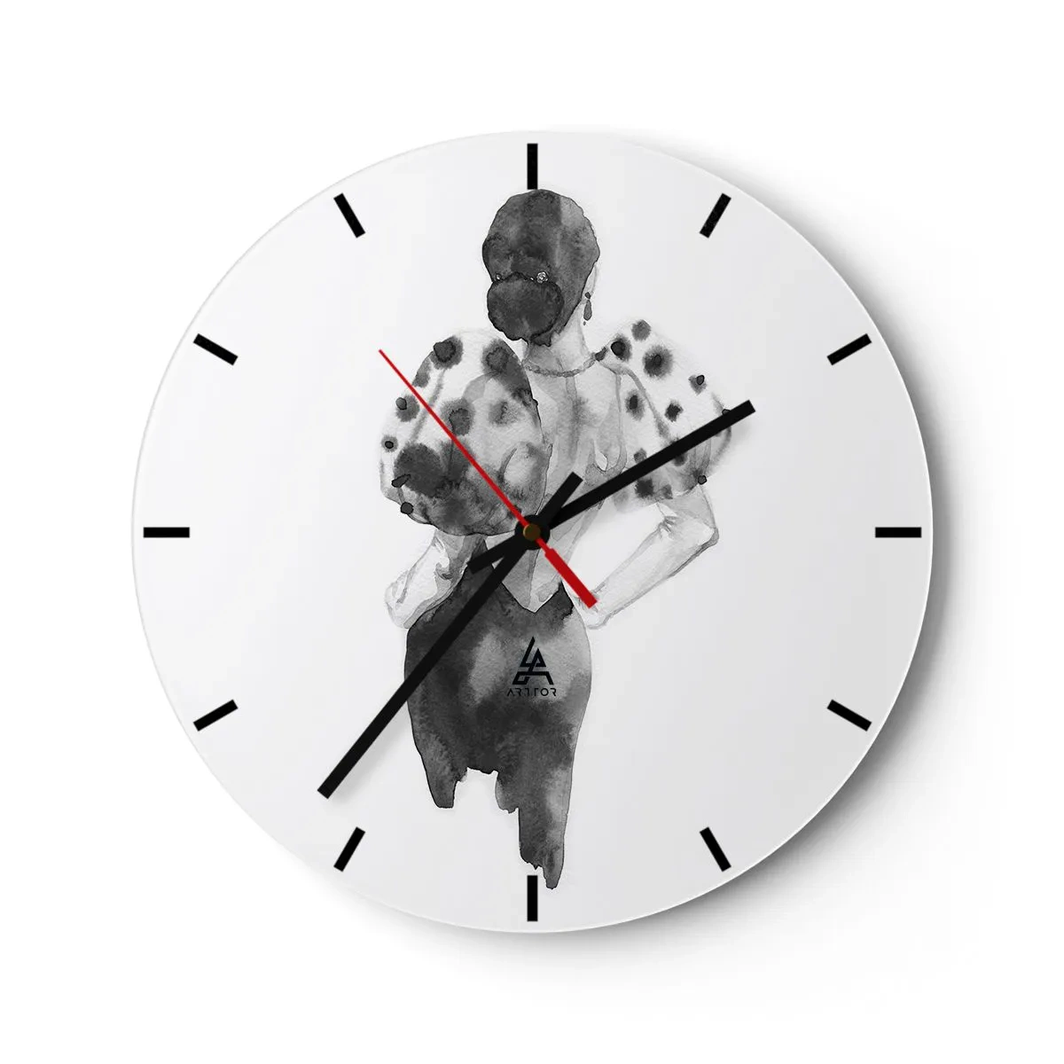 Nástěnné hodiny - Černobílá ilustrace ženy v elegantních šatech - 30x30cm - Prošla kolem - Moderní nástěnná dekorace do obývacího pokoje, kuchyně a ložnice ARTTOR