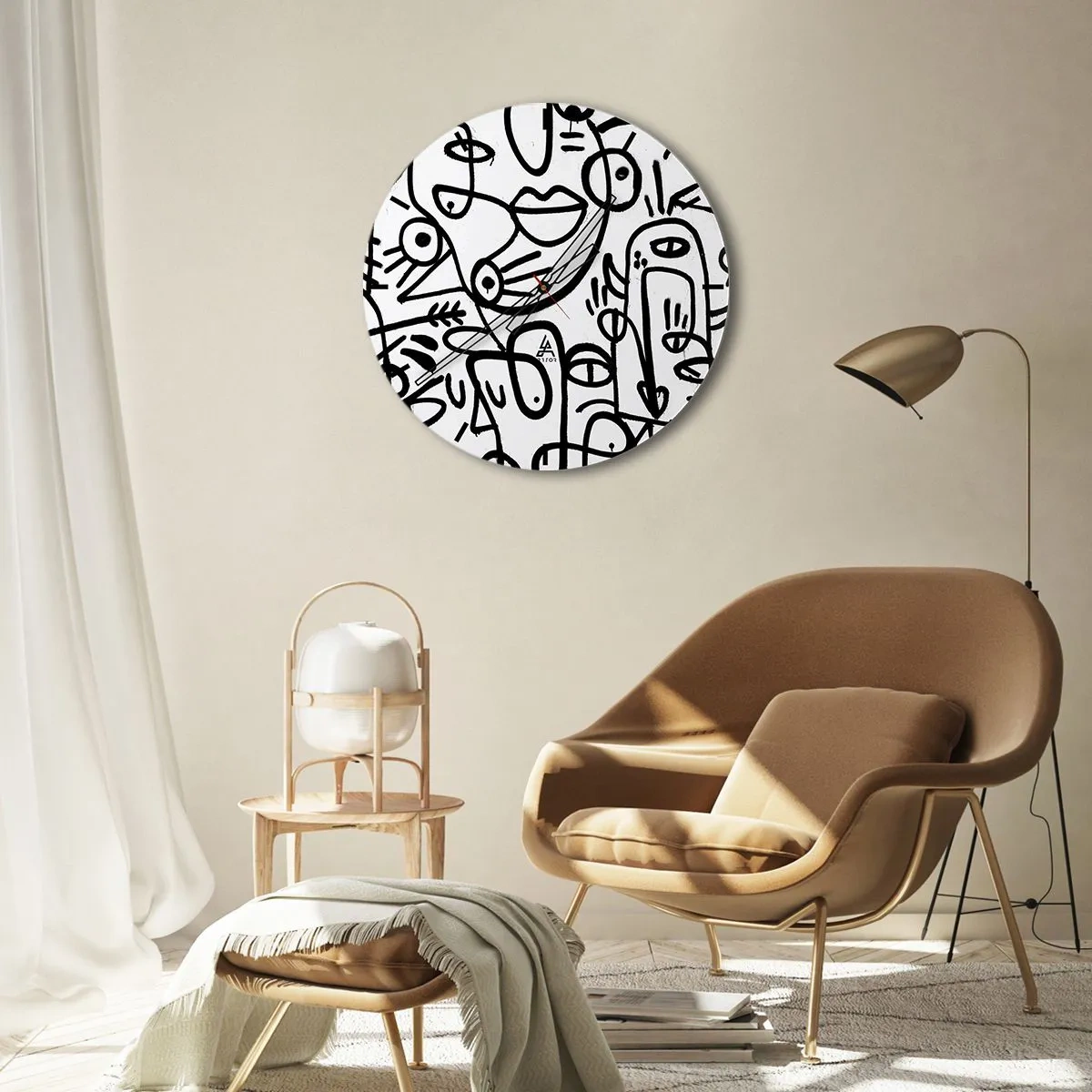 Nástěnné hodiny - Abstraktní čárová grafika tváře na bílém pozadí - 30x30cm - Tváře a přeludy - Moderní nástěnná dekorace do obývacího pokoje, kuchyně a ložnice ARTTOR