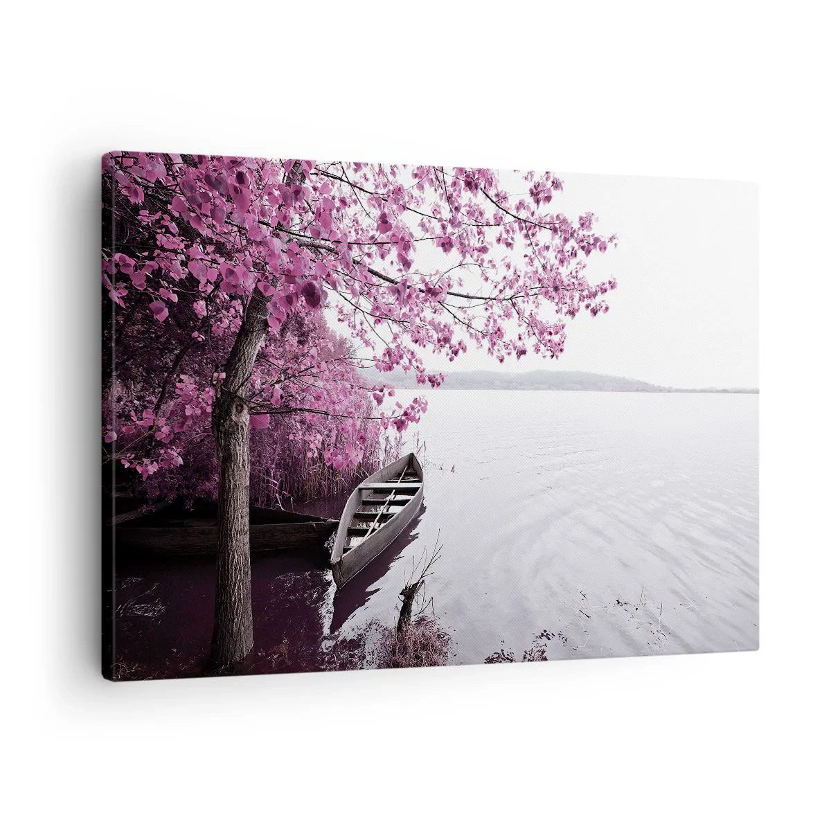 Obraz na plátně - Loď na břehu jezera mezi růžovými stromy - 70x50cm - V růžovém tichu - Moderní nástěnná dekorace do obývacího pokoje a ložnice ARTTOR