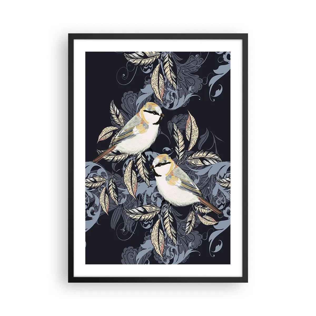 Plakát v černém rámu - Dva ptáci na pozadí dekorativních listů a ornamentů - 50x70cm - Žlutomodrá píseň - Moderní nástěnná dekorace do obývacího pokoje a ložnice ARTTOR