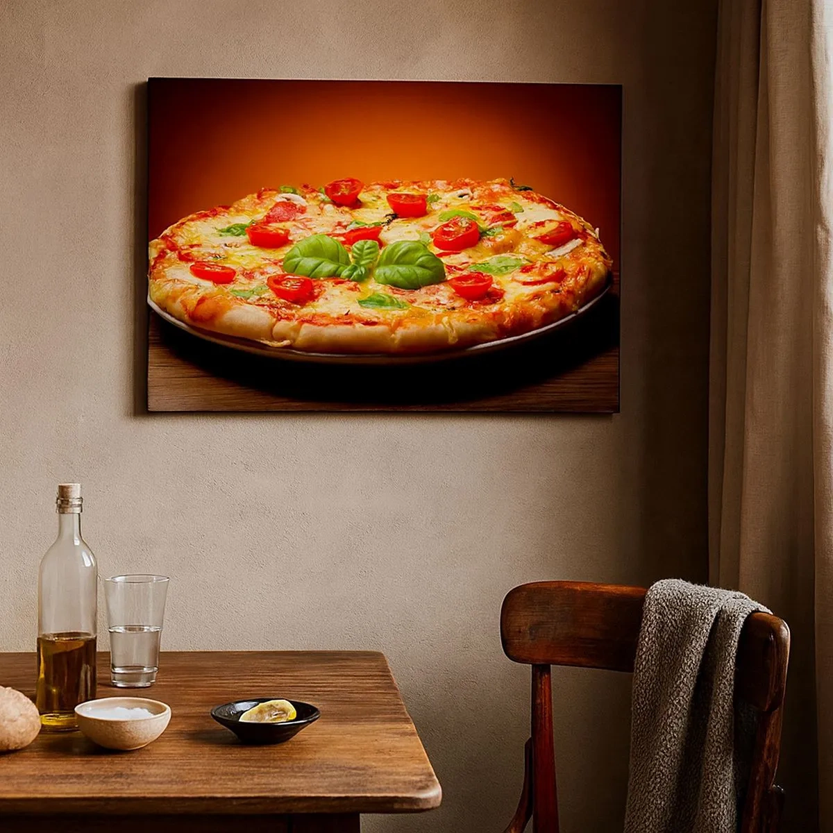 Obraz na plátně - Pizza s rajčaty a bazalkou na dřevěném stole - 70x50cm - Mamma mia! - Moderní nástěnná dekorace do obývacího pokoje a ložnice ARTTOR