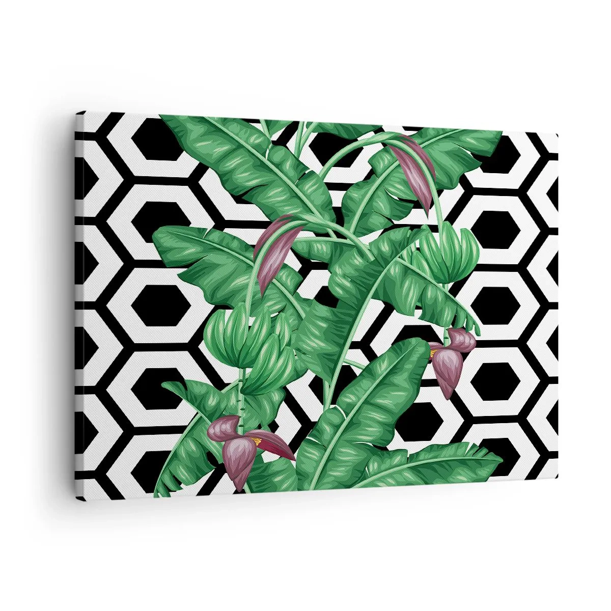 Obraz na plátně - Tropické listy na geometrickém pozadí - 70x50cm - Symetrická kompozice z přírody - Moderní nástěnná dekorace do obývacího pokoje a ložnice ARTTOR