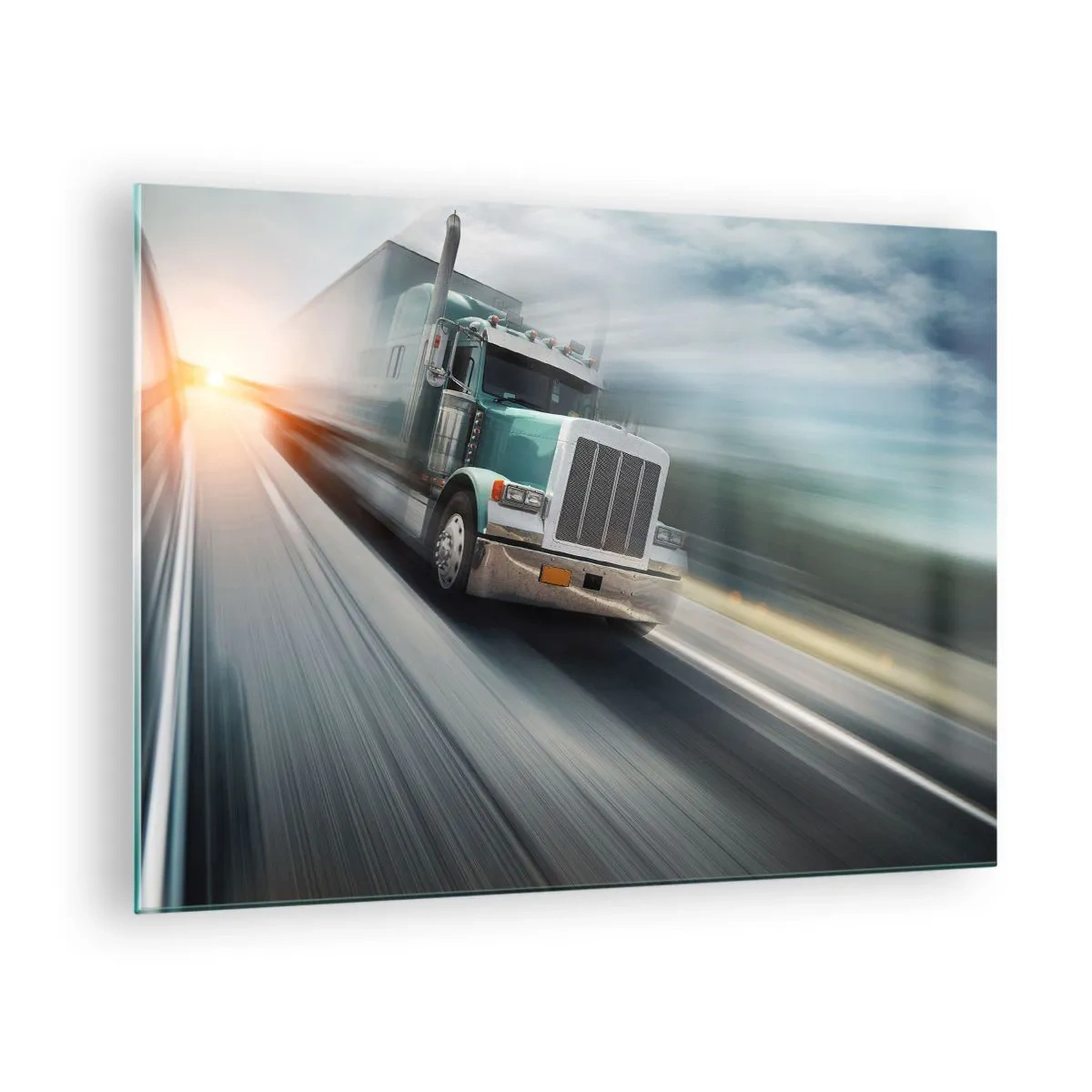 Obraz na skle - Nákladní auto na dálnici při západu slunce - 70x50cm - Americký obr v rychlosti - Moderní nástěnná dekorace do obývacího pokoje a ložnice ARTTOR