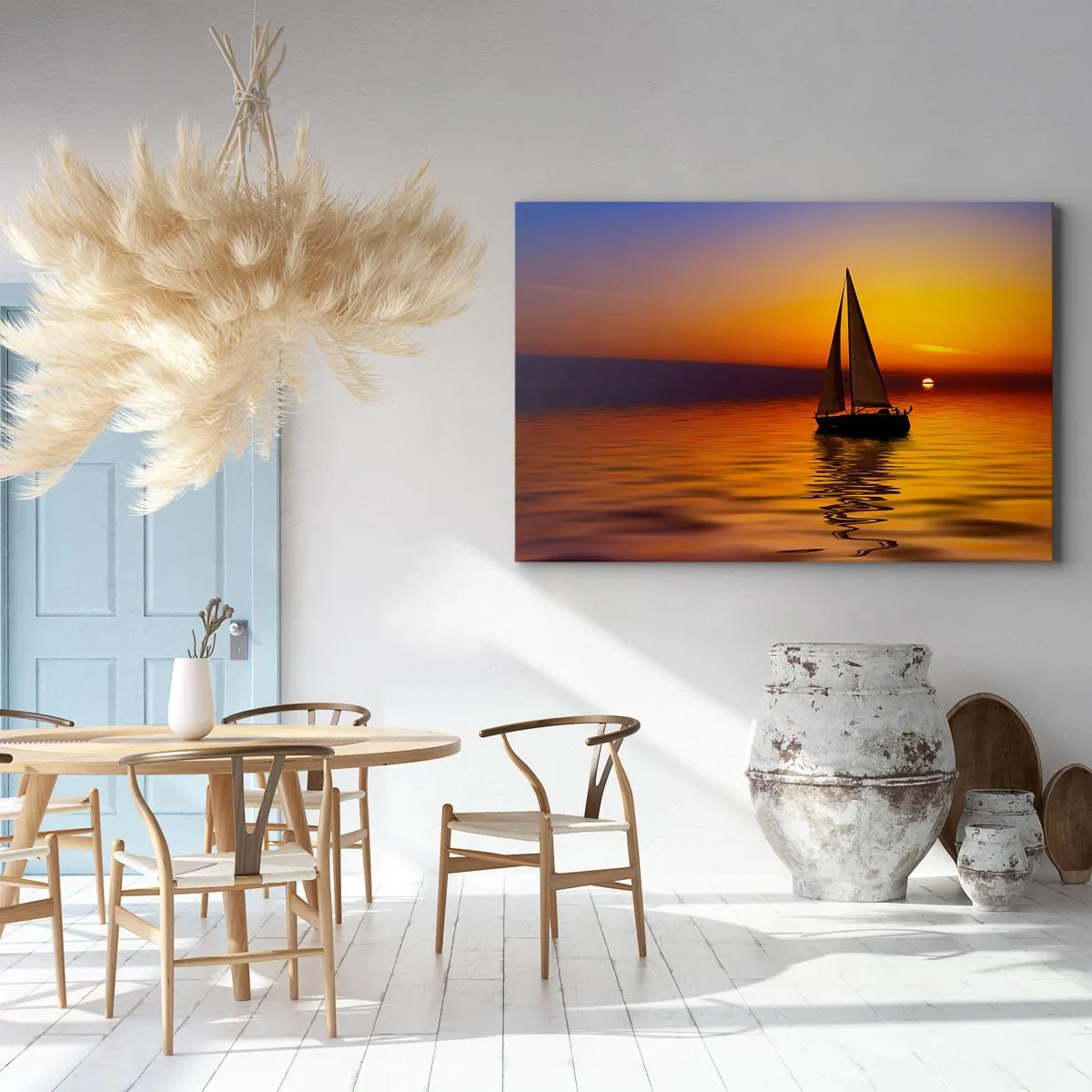 Obraz na plátně - Plachetnice na klidném moři při západu slunce - 70x50cm - Jak je tu za soumraku ticho… - Moderní nástěnná dekorace do obývacího pokoje a ložnice ARTTOR