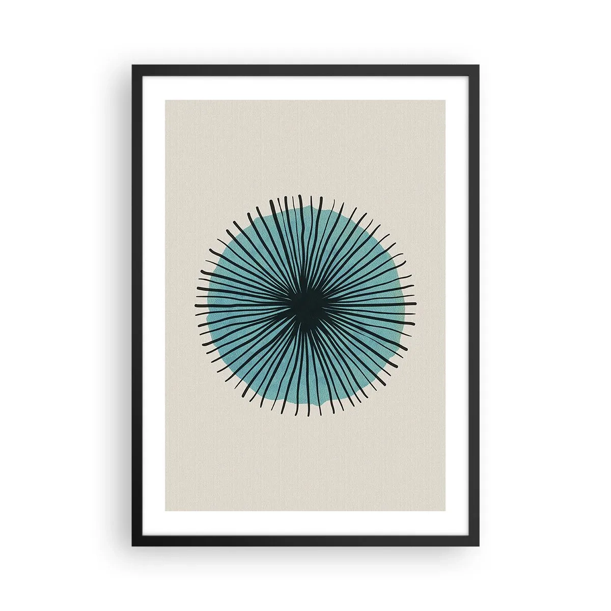 Plakát v černém rámu - Geometrický vzor ve tvaru radiálního kruhu - 50x70cm - Zářící modrá - Moderní nástěnná dekorace do obývacího pokoje a ložnice ARTTOR
