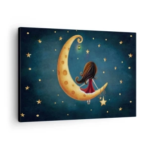 Obraz na plátně - Dívka na Měsíci obklopená hvězdami - 70x50cm - Kdysi dávno… - Moderní nástěnná dekorace do obývacího pokoje a ložnice ARTTOR