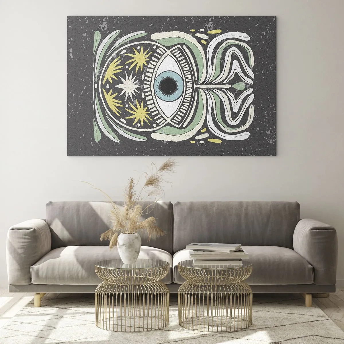 Obraz na skle - Grafické oko s kmenovou ornamentikou na tmavém pozadí - 70x50cm - Kmenové rituály - Moderní nástěnná dekorace do obývacího pokoje a ložnice ARTTOR
