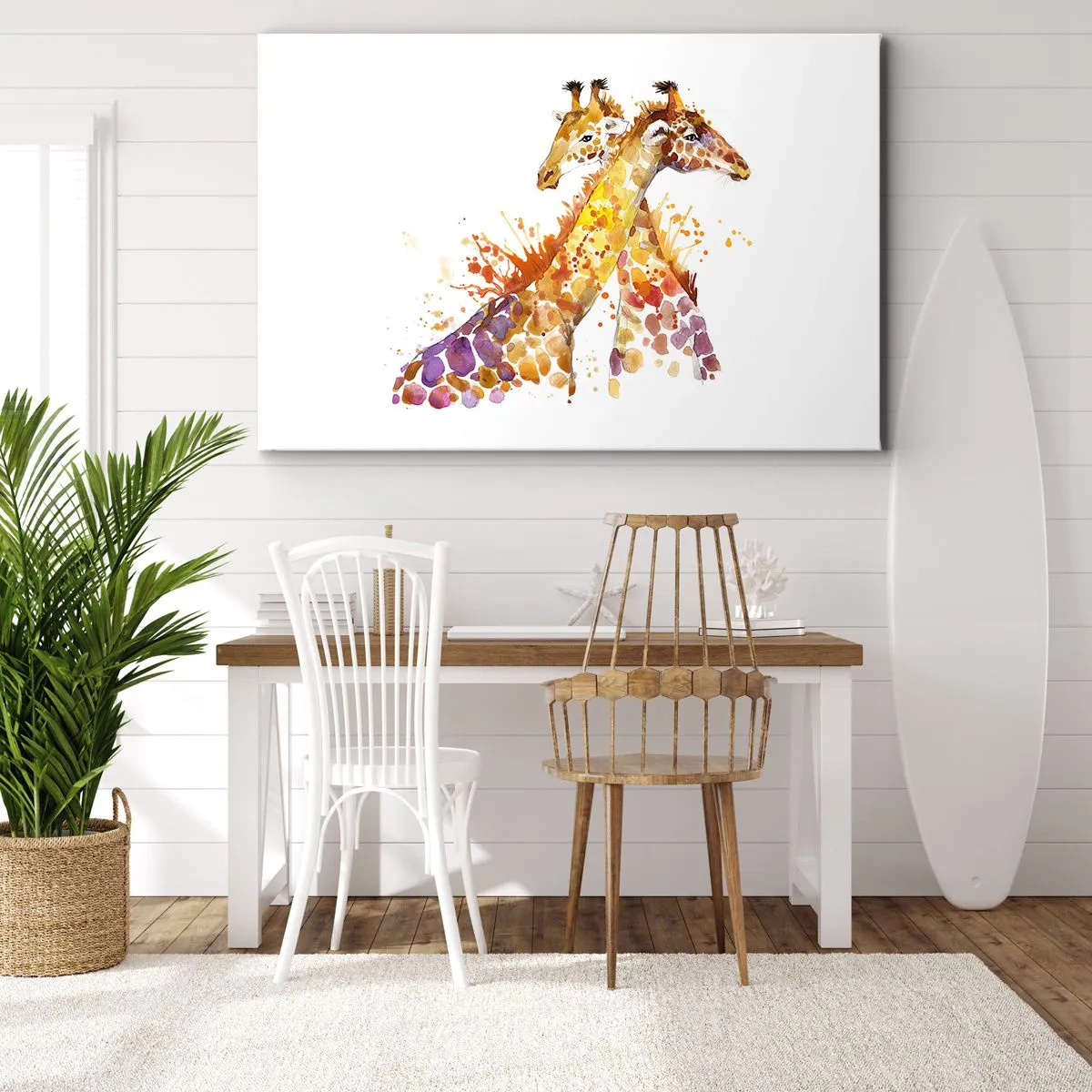 Obraz na plátně - Akvarelové žirafy v barevných odstínech - 70x50cm - Je to přátelství nebo je to láska? - Moderní nástěnná dekorace do obývacího pokoje a ložnice ARTTOR