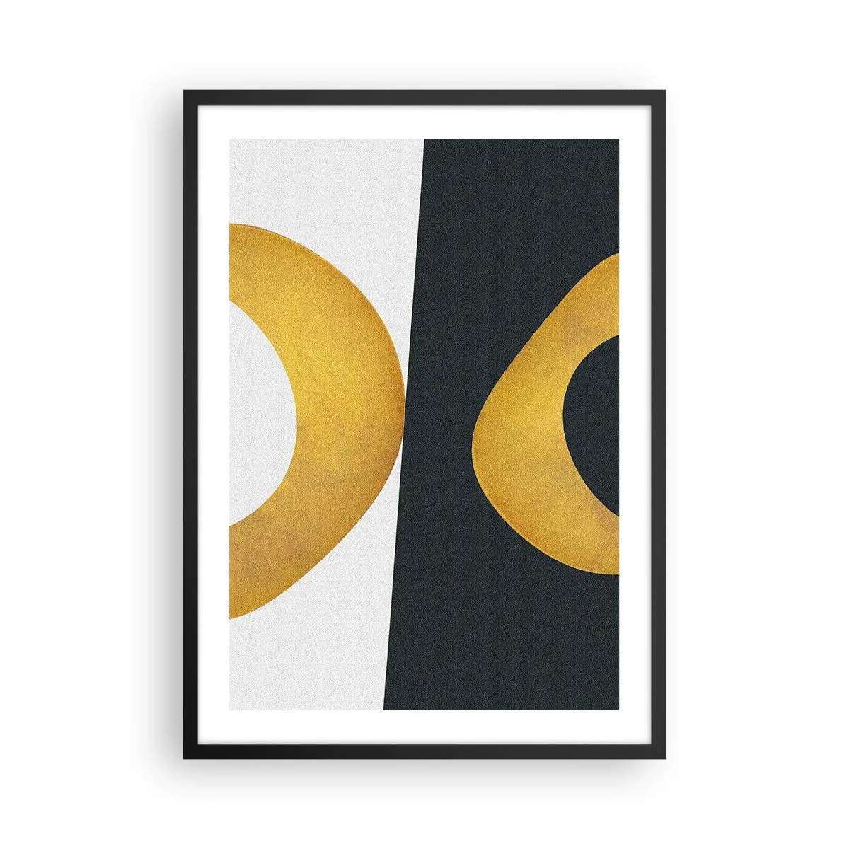 Plakát v černém rámu - Abstraktní kompozice s dominantními zlatými a tmavě zelenými tvary. - 50x70cm - Zaprvé: zlato - Moderní nástěnná dekorace do obývacího pokoje a ložnice ARTTOR