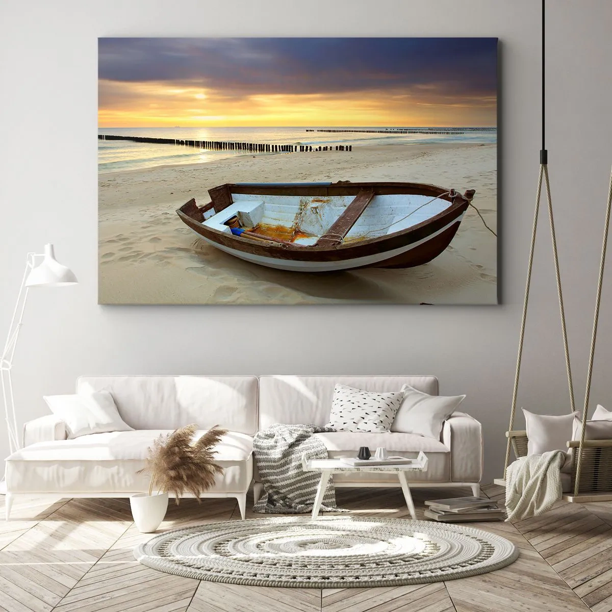 Obraz na plátně - Loď na písečné pláži při západu slunce - 70x50cm - Neexistuje krásnější pláž - Moderní nástěnná dekorace do obývacího pokoje a ložnice ARTTOR