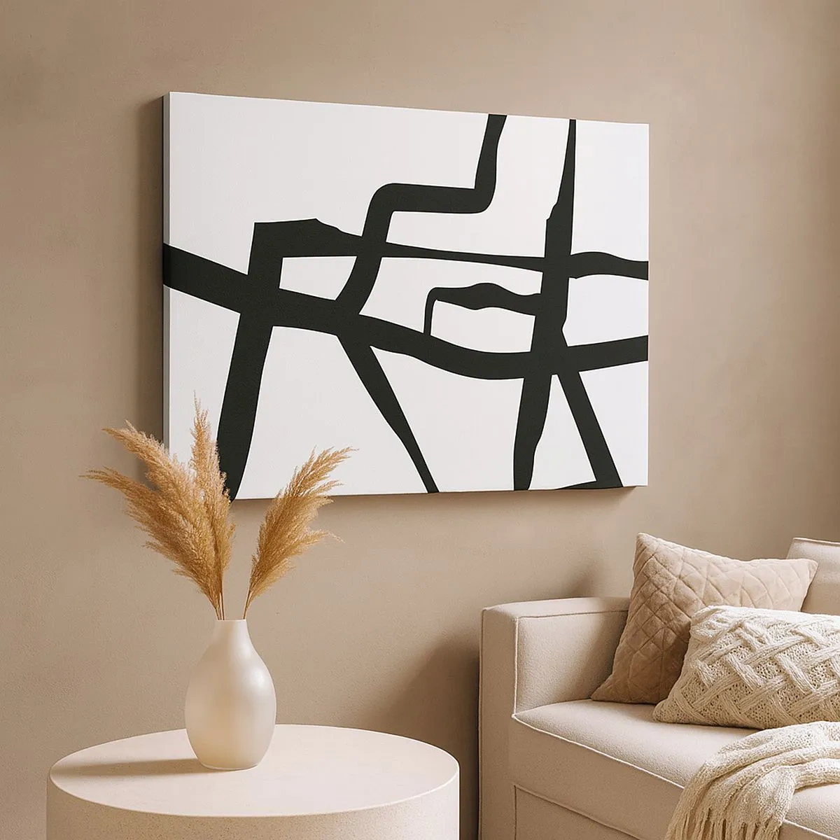 Obraz na plátně - Minimalistický černobílý vzor s geometrickými liniemi - 70x50cm - Černobílá konstrukce - Moderní nástěnná dekorace do obývacího pokoje a ložnice ARTTOR