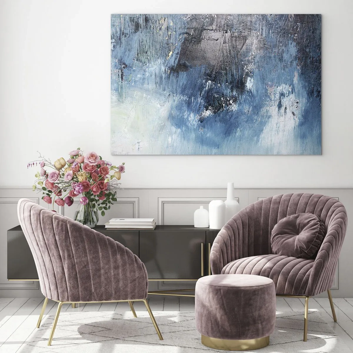 Obraz na skle - Abstraktní kompozice v odstínech modré - 70x50cm - Rapsodie v modrém - Moderní nástěnná dekorace do obývacího pokoje a ložnice ARTTOR