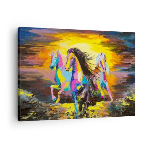 Obraz na plátně - Barevní koně cválající na pozadí zapadajícího slunce - 70x50cm - Ponořené do duhy - Moderní nástěnná dekorace do obývacího pokoje a ložnice ARTTOR