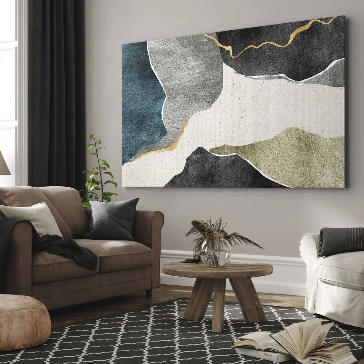 Obraz na plátně - Geometrické tvary v odstínech šedé, zelené a zlaté - 70x50cm - Mozaiková kompozice se zlatou nití - Moderní nástěnná dekorace do obývacího pokoje a ložnice ARTTOR