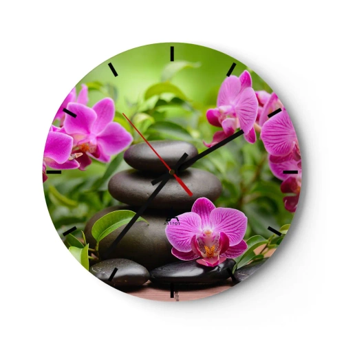 Nástěnné hodiny - Černé kameny a růžové orchideje na zeleném pozadí - 30x30cm - Pyramida klidu - Moderní nástěnná dekorace do obývacího pokoje, kuchyně a ložnice ARTTOR