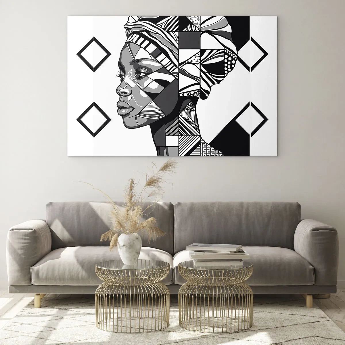 Obraz na skle - Černobílý etnický portrét ženy s geometrickými vzory - 70x50cm - Etnický portrét - Moderní nástěnná dekorace do obývacího pokoje a ložnice ARTTOR