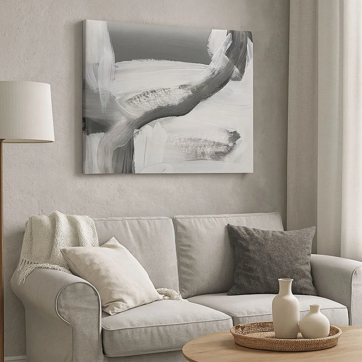 Obraz na plátně - Šedá a bílá abstrakce s dynamickými liniemi - 70x50cm - Pevným pohybem - Moderní nástěnná dekorace do obývacího pokoje a ložnice ARTTOR