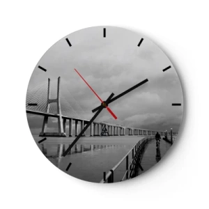 Nástěnné hodiny - Most s cyklistou na cestě za deštivého dne - 30x30cm - Každému, co mu patří - Moderní nástěnná dekorace do obývacího pokoje, kuchyně a ložnice ARTTOR