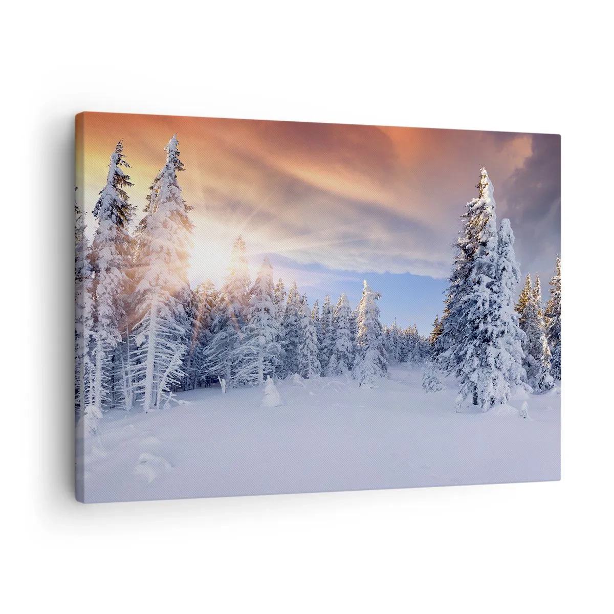 Obraz na plátně - Zimní krajina se zasněženým lesem při západu slunce - 70x50cm - Sněžné představení přírody - Moderní nástěnná dekorace do obývacího pokoje a ložnice ARTTOR
