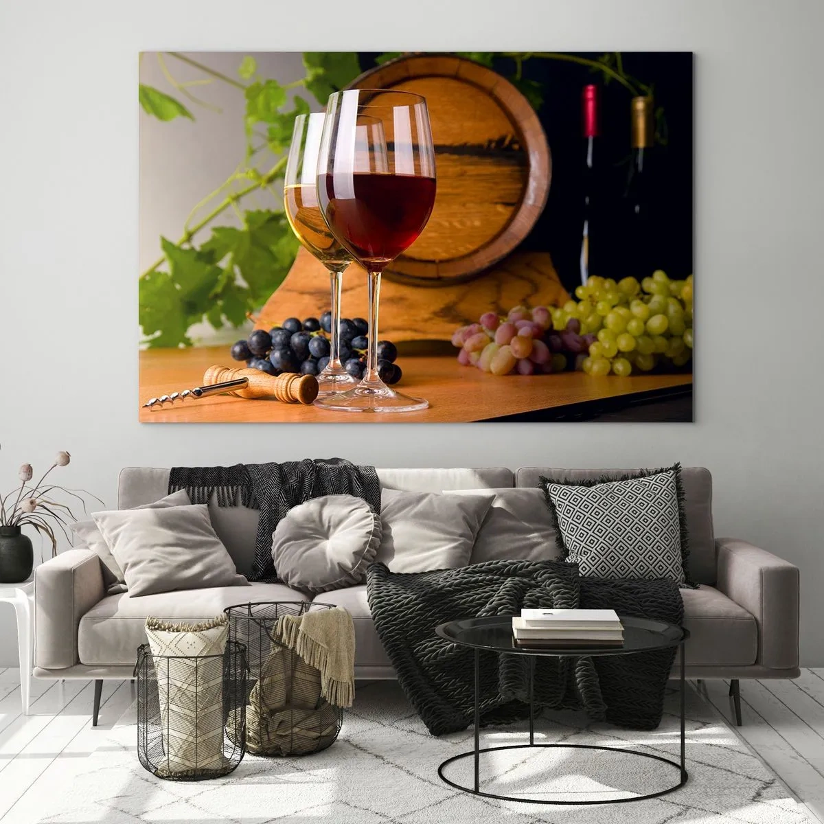 Obraz na skle - Sklenice vína, hrozny a sud na pozadí vinných listů - 70x50cm - Jako u starých mistrů - Moderní nástěnná dekorace do obývacího pokoje a ložnice ARTTOR