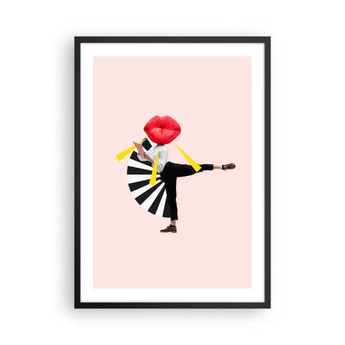 Plakát v černém rámu - Surrealistická kompozice se rty a geometrickými prvky na růžovém pozadí. - 50x70cm - Surrealistický pop-art - Moderní nástěnná dekorace do obývacího pokoje a ložnice ARTTOR