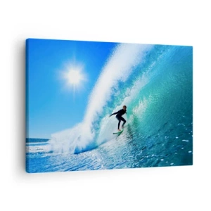 Obraz na plátně - Surfař na prkně jede uvnitř silné vlny pod modrou oblohou. - 70x50cm - Přes velký blankyt - Moderní nástěnná dekorace do obývacího pokoje a ložnice ARTTOR