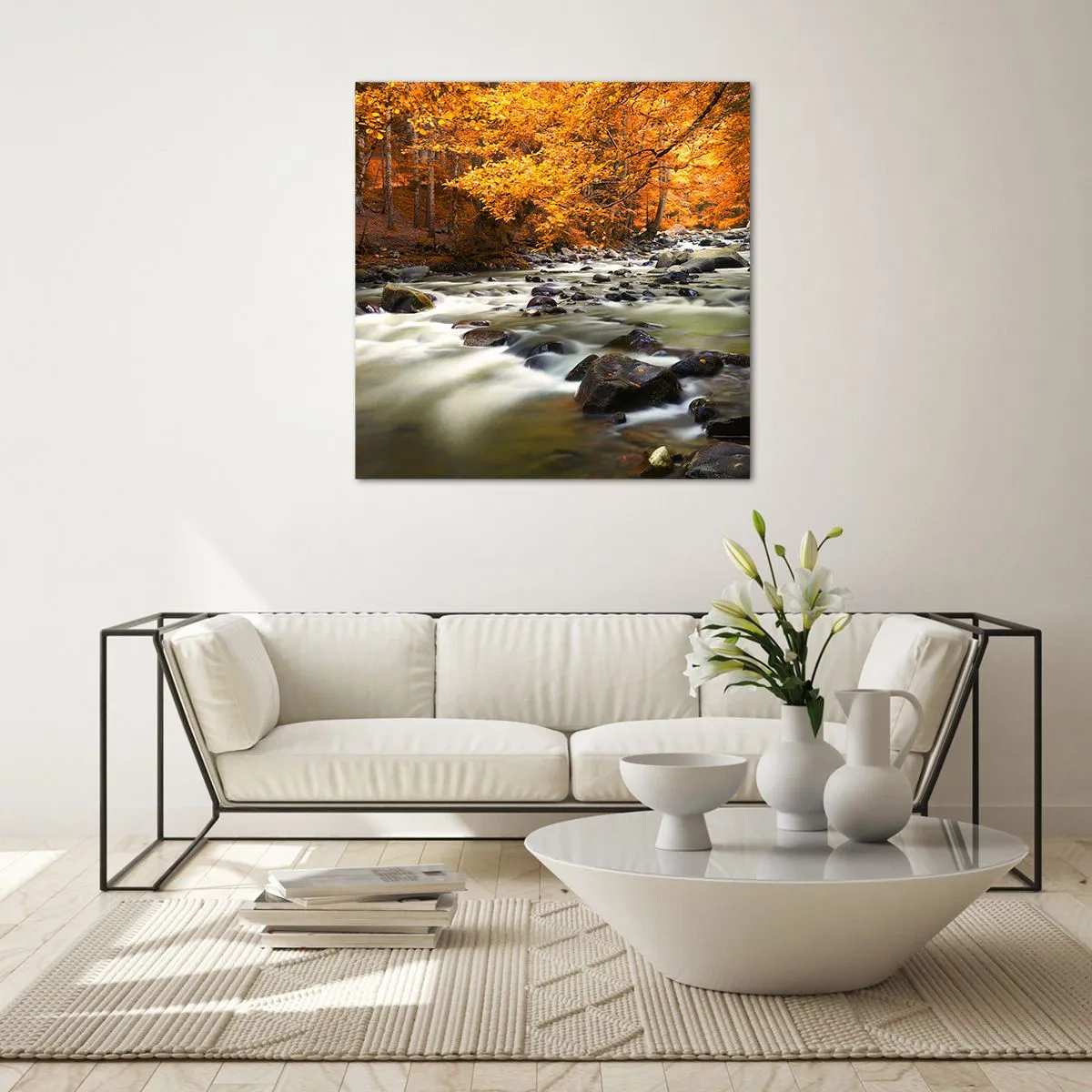 Obraz na skle - Potok ve zlatém lese - 30x30 cm