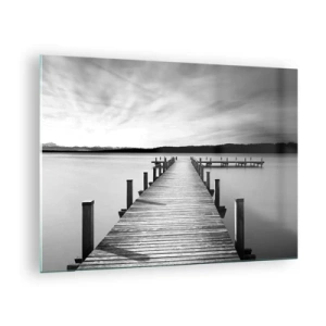 Obraz na skle - Dřevěné molo vede do dálky přes klidné jezero - 70x50cm - U napajedla – klidu - Moderní nástěnná dekorace do obývacího pokoje a ložnice ARTTOR