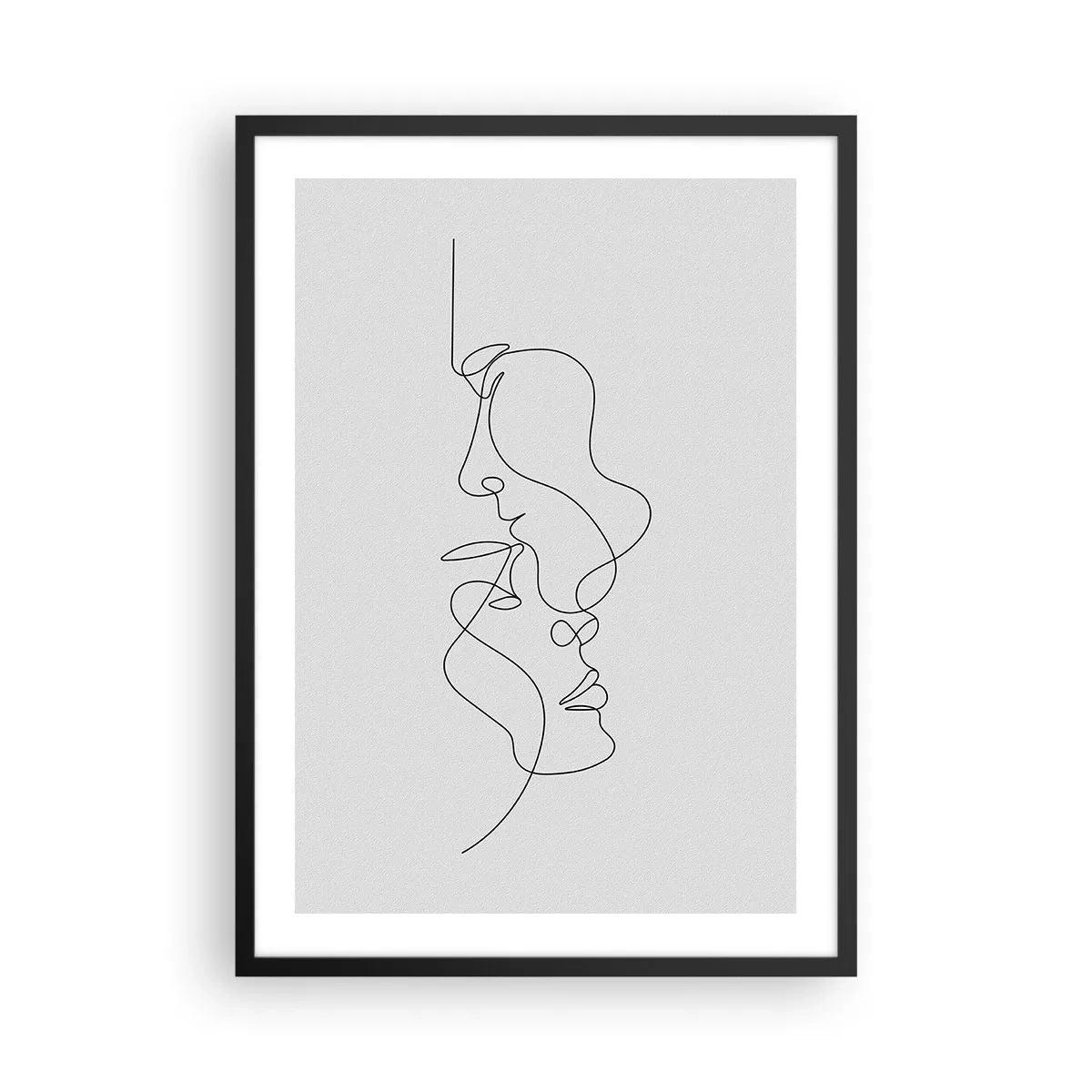 Plakát v černém rámu - Minimalistický obrys dvou černých obličejů na světlém pozadí. - 50x70cm - Žár vášnivých tužeb - Moderní nástěnná dekorace do obývacího pokoje a ložnice ARTTOR