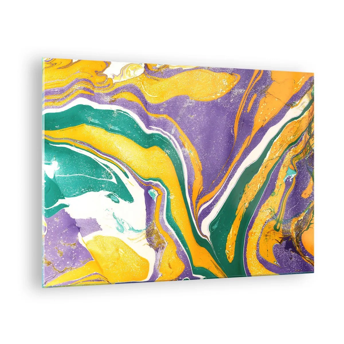 Obraz na skle - Abstraktní vlnový vzor ve žluté, fialové a zelené barvě - 70x50cm - Vlny barev - Moderní nástěnná dekorace do obývacího pokoje a ložnice ARTTOR