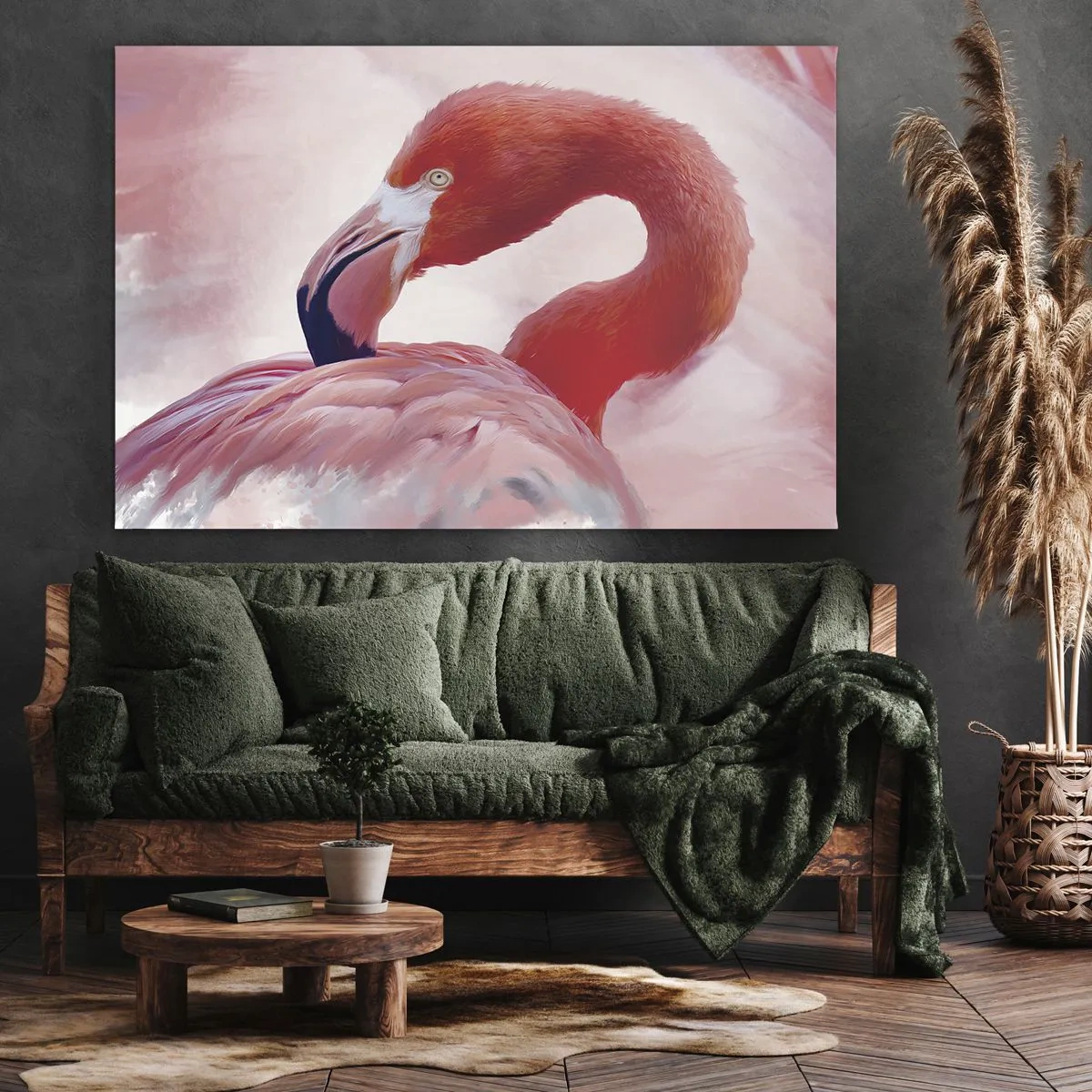 Obraz na plátně - Plameňák v růžových tónech na světlém pozadí - 70x50cm - Ptačí krása - Moderní nástěnná dekorace do obývacího pokoje a ložnice ARTTOR