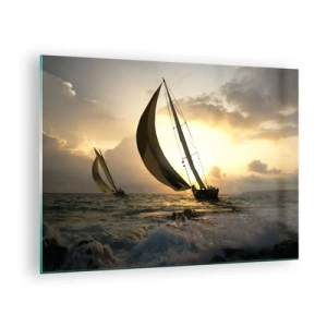Obraz na skle - Plachetnice v rozbouřeném moři při západu slunce - 70x50cm - S větrem a proti větru - Moderní nástěnná dekorace do obývacího pokoje a ložnice ARTTOR