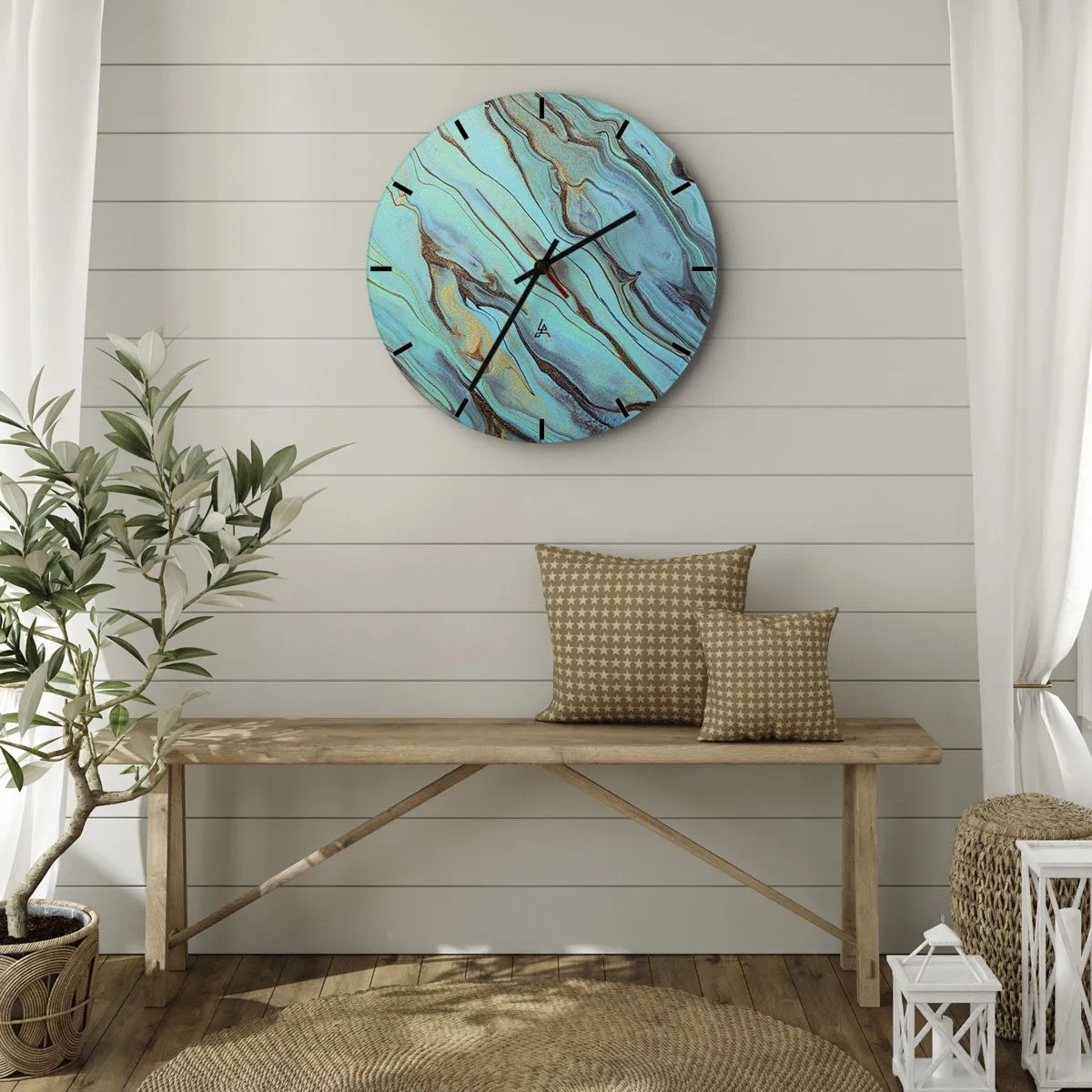 Nástěnné hodiny - Tyrkysové a zlaté mramorované vlny - 30x30cm - Tyrkysový příliv - Moderní nástěnná dekorace do obývacího pokoje, kuchyně a ložnice ARTTOR
