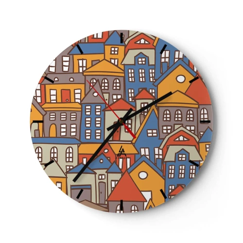Nástěnné hodiny - Barevné budovy v grafickém stylu - 30x30cm - Za domem dům - Moderní nástěnná dekorace do obývacího pokoje, kuchyně a ložnice ARTTOR