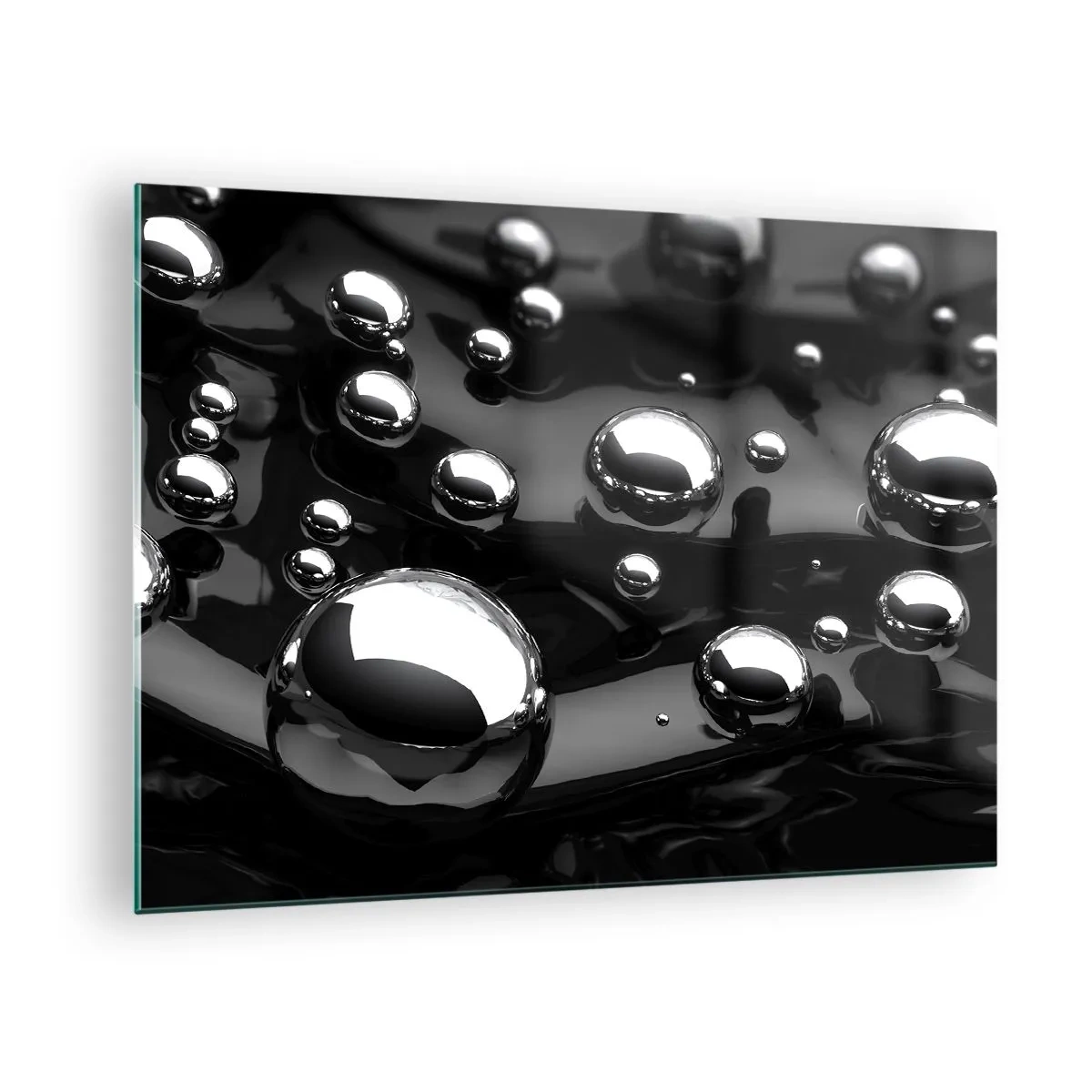 Obraz na skle - Kovové kapky na černém povrchu - 70x50cm - Z černé tůně - Moderní nástěnná dekorace do obývacího pokoje a ložnice ARTTOR