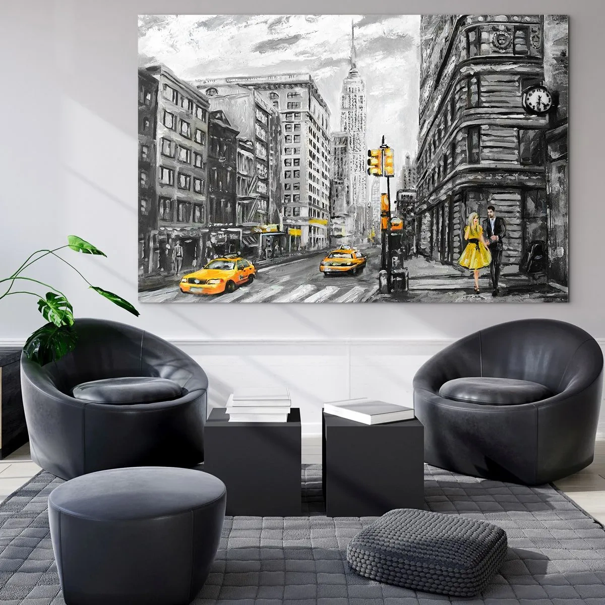 Obraz na skle - Ilustrace New Yorku v odstínech černé a bílé se žlutými akcenty. - 70x50cm - Newyorský příběh - Moderní nástěnná dekorace do obývacího pokoje a ložnice ARTTOR