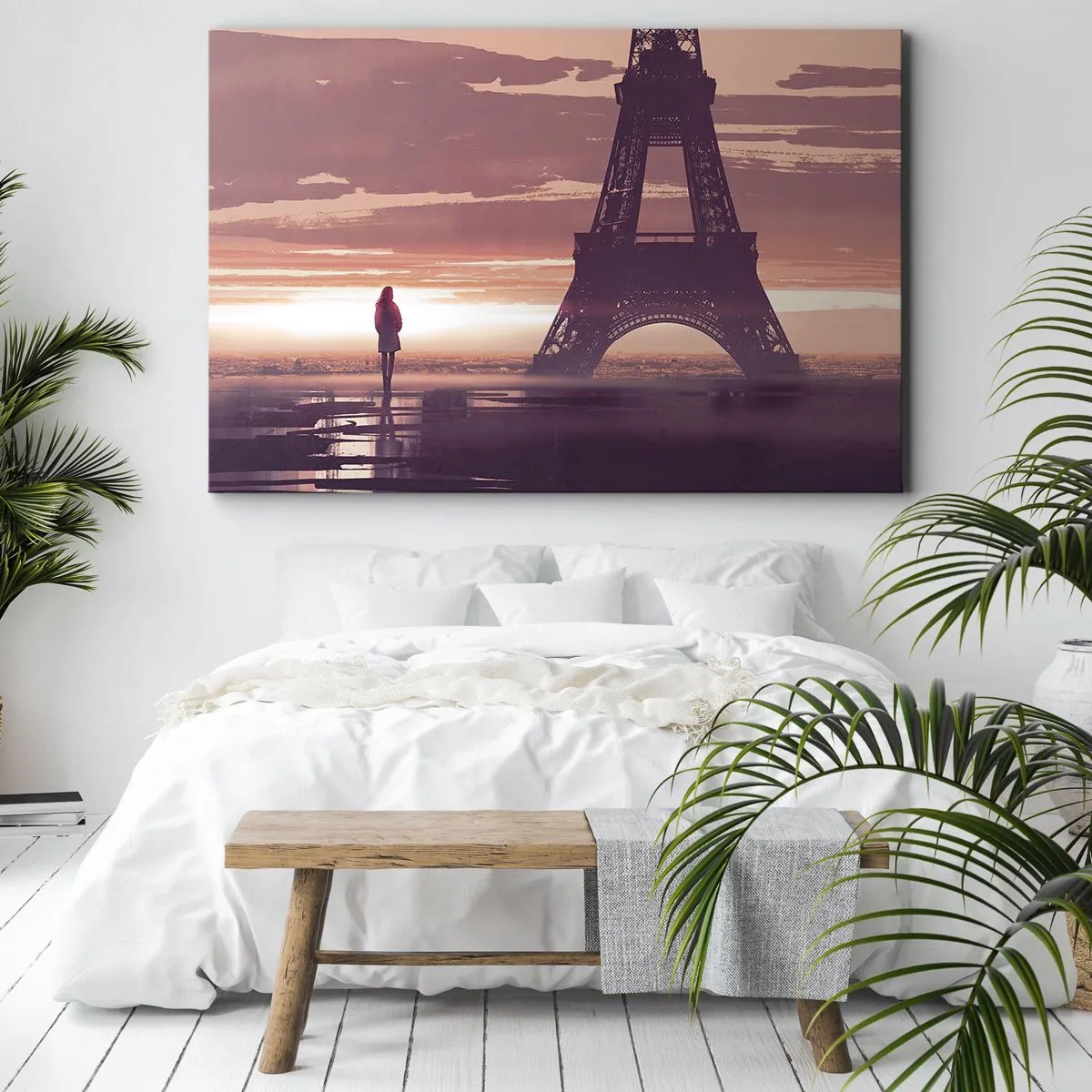 Obraz na plátně - Postava dívající se na Eiffelovu věž ve světle zapadajícího slunce - 70x50cm - Pouze ty dvě - Moderní nástěnná dekorace do obývacího pokoje a ložnice ARTTOR