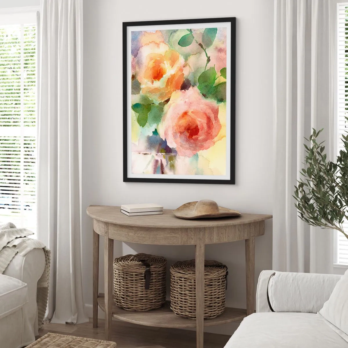 Plakát v černém rámu - Akvarelové květiny v pastelových barvách - 50x70cm - Jemné jako akvarel - Moderní nástěnná dekorace do obývacího pokoje a ložnice ARTTOR