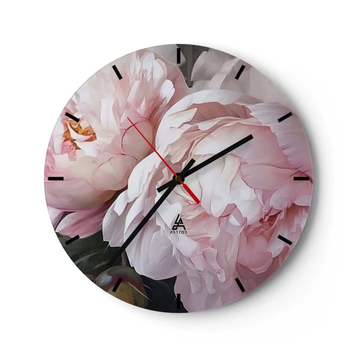 Nástěnné hodiny - Jemné růžové pivoňky v detailním záběru - 30x30cm - Uchytnuté v rozkvětu - Moderní nástěnná dekorace do obývacího pokoje, kuchyně a ložnice ARTTOR