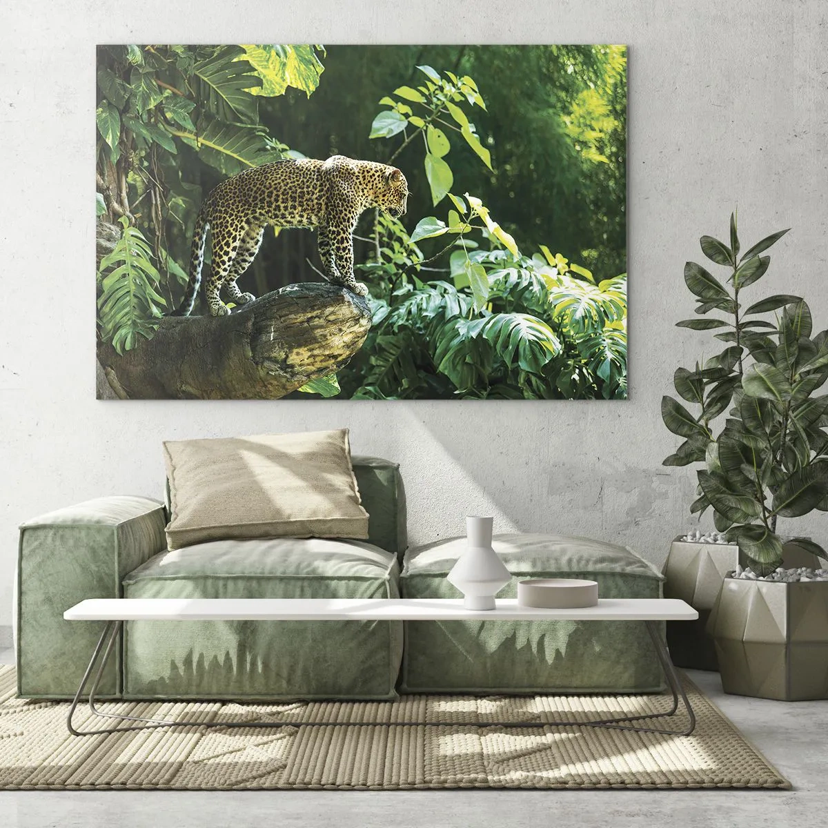 Obraz na skle - Leopard na skále v tropické džungli - 70x50cm - Na lov? - Moderní nástěnná dekorace do obývacího pokoje a ložnice ARTTOR