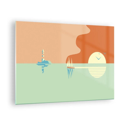 Obraz na skle - Minimalistický západ slunce s plachetnicí a majákem - 70x50cm - Dokonalá mořská krajina - Moderní nástěnná dekorace do obývacího pokoje a ložnice ARTTOR