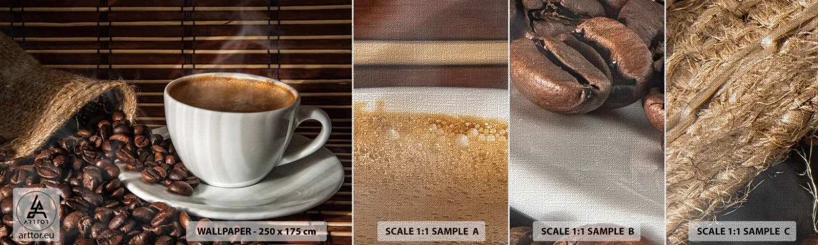 Vzor Fototapety Premium Canvas - Černost uhlí, průzračnost jantaru - Gastronomie, Káva, šálek kávy - 100x30 cm