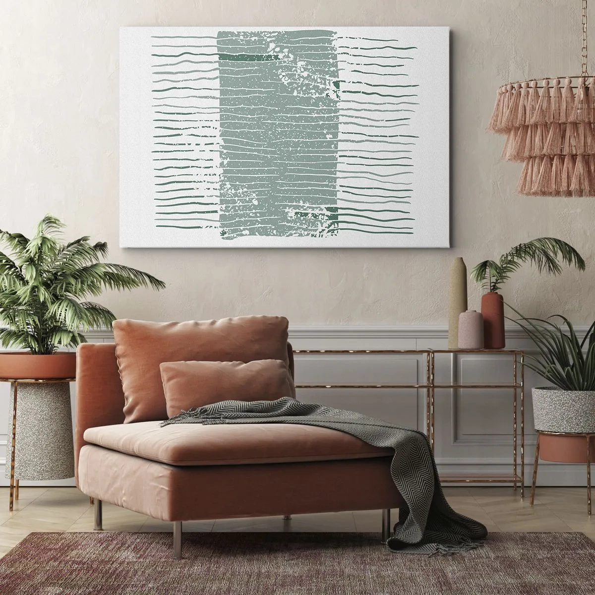 Obraz na plátně - Geometrický vzor v odstínech mořské zelené a bílé - 70x50cm - Mořská abstrakce - Moderní nástěnná dekorace do obývacího pokoje a ložnice ARTTOR