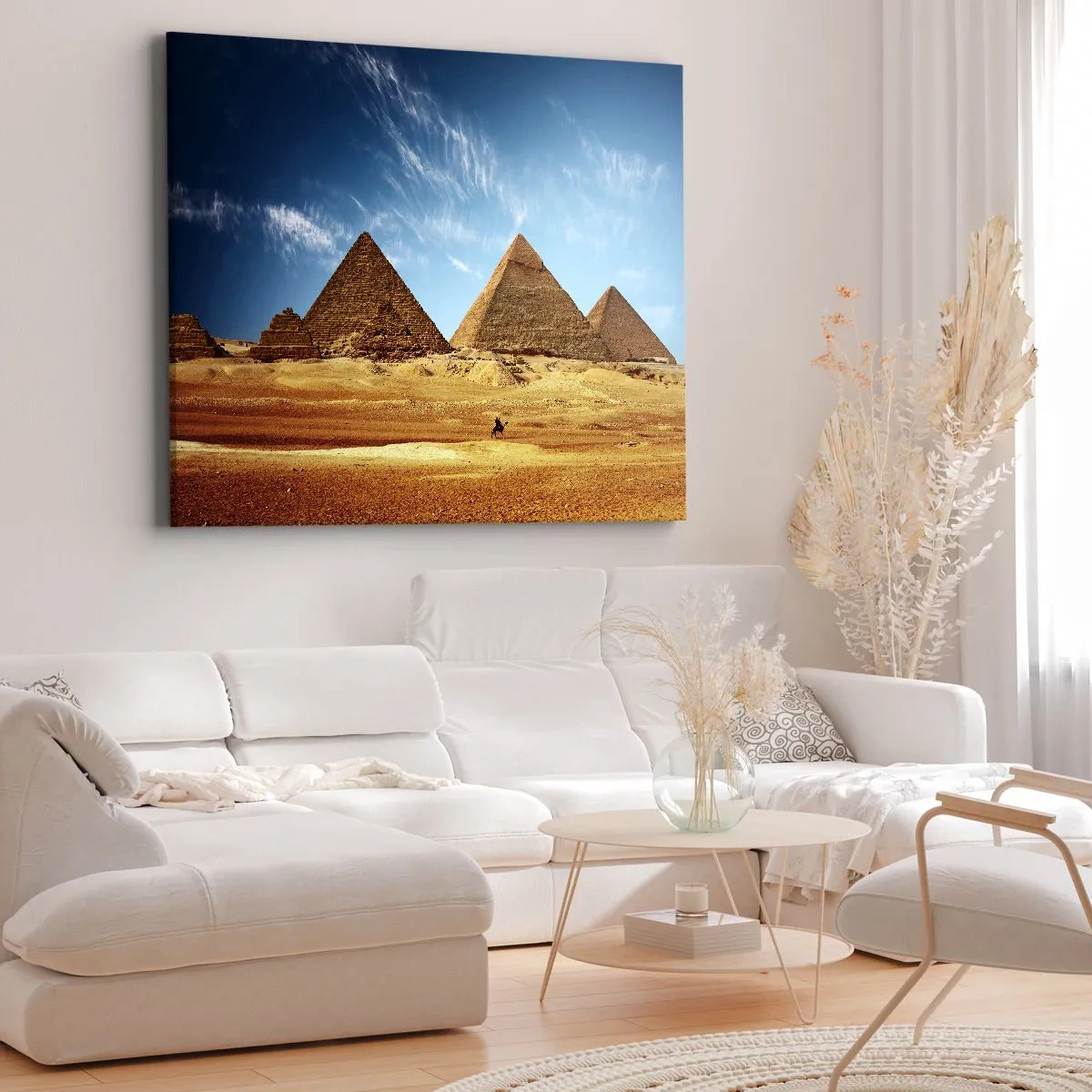 Obraz na plátně - Pyramidy v Gíze proti modré obloze a pouštní krajině - 70x50cm - 40 století se na vás dívá - Moderní nástěnná dekorace do obývacího pokoje a ložnice ARTTOR