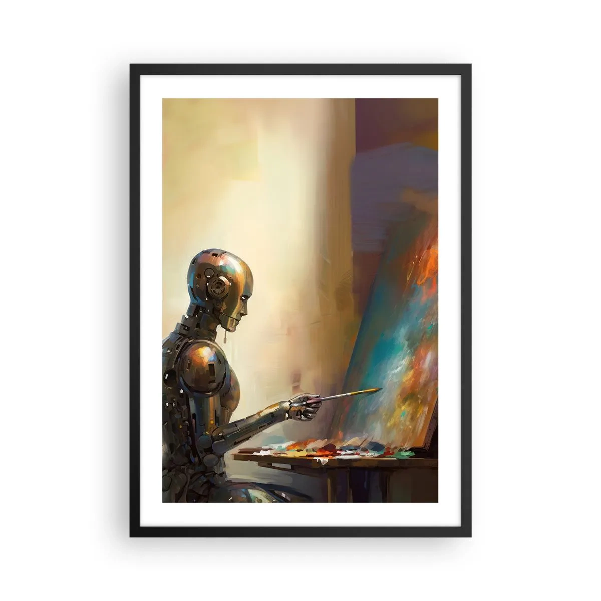 Plakát v černém rámu - Robotický malíř u stojanu ve futuristickém stylu - 50x70cm - Umění budoucnosti - Moderní nástěnná dekorace do obývacího pokoje a ložnice ARTTOR