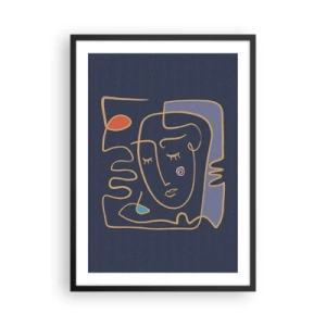 Plakát v černém rámu - Minimalistický abstraktní obličej na tmavě modrém pozadí ve stylu čárové grafiky - 50x70cm - V zádumčivosti - Moderní nástěnná dekorace do obývacího pokoje a ložnice ARTTOR